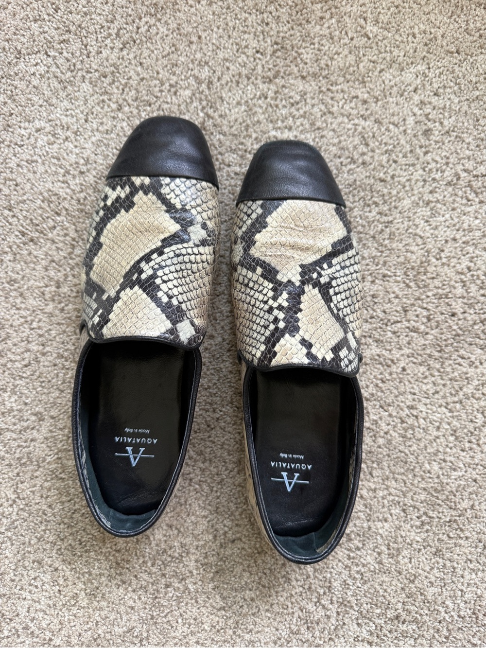 AQUATALIA Snake-Print Leather Loafer Flats in Black and Cream